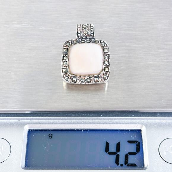 Vintage Sterling Silver 925 Marcasite Mother of Pearl Square Pendant - Picture 6 of 7